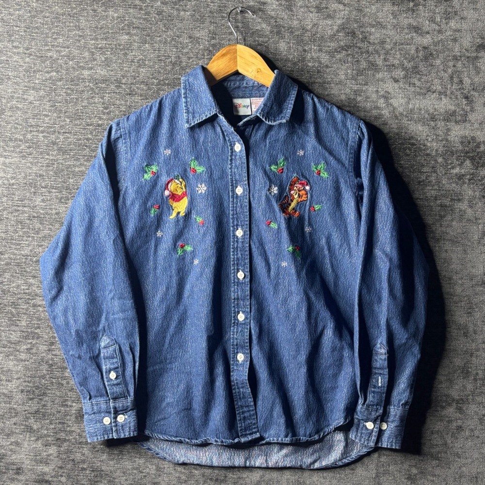 Disney Winnie the Pooh Tigger Christmas Denim Shirt Embroidered Blue Sparkle